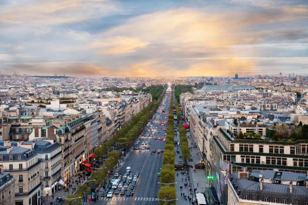 istock Champs-Elysees and city skyline at sunset 801405552