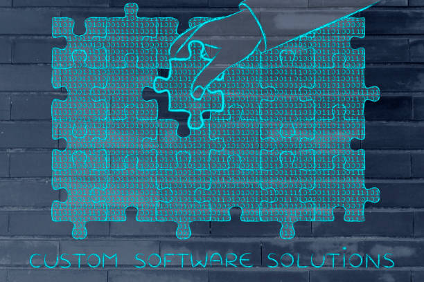 バイナリ コードは、カスタムの solutons パズルのピースを不足している手します。 - binary code puzzle coding technology ストックフォトと画像