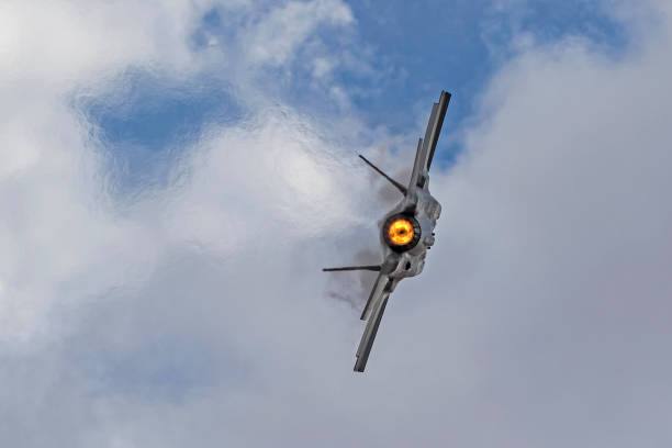 Chino, California, USA - May 6, 2017. F-35 Lightning stealth jet fighter flying fast at 2017 Planes of Fame Air Show in Chino, California