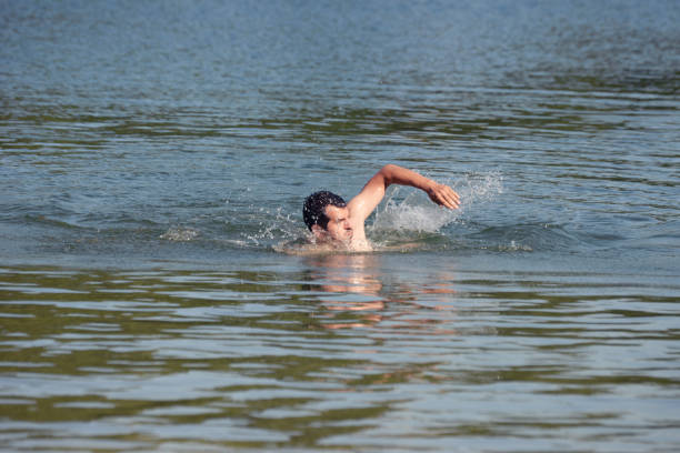 istock Attractive young man swiming in the lake 801447016
