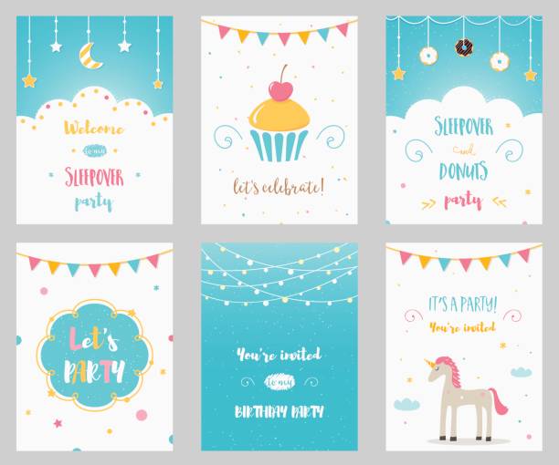 ilustrações de stock, clip art, desenhos animados e ícones de vector set of birthday and sleepover kids party invitations - child horse design symbol