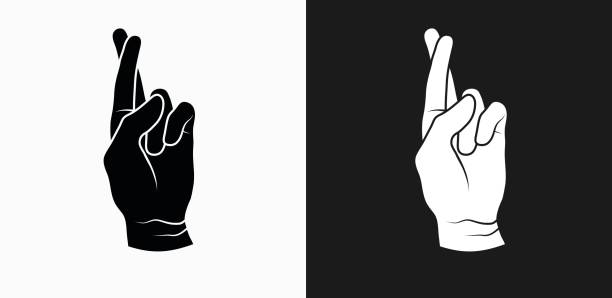 ilustrações de stock, clip art, desenhos animados e ícones de fingers crossed icon on black and white vector backgrounds - human hand on black