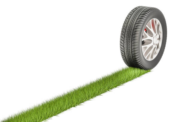 Car tire with grass print, eco concept. 3D rendering isolated on white background