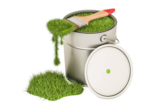 Eco-friendly paint concept. Can with grassy paint and brush, 3D rendering isolated on white background