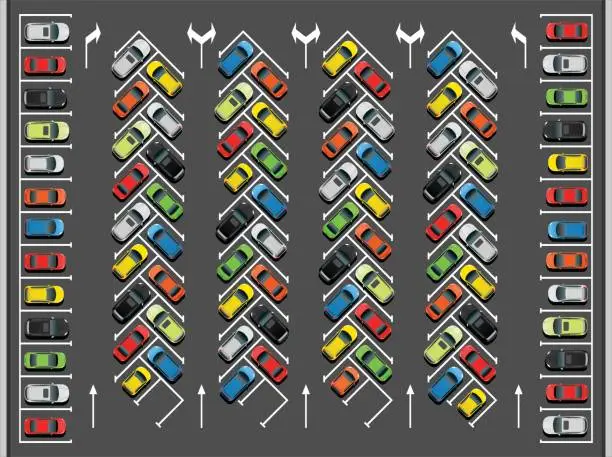 Vector illustration of Crowded 45 Degree Parking Lot