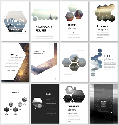 The vector illustration of the editable layout of A4 format covers design templates for brochure, magazine, flyer, booklet, report. Abstract polygonal modern style with hexagons