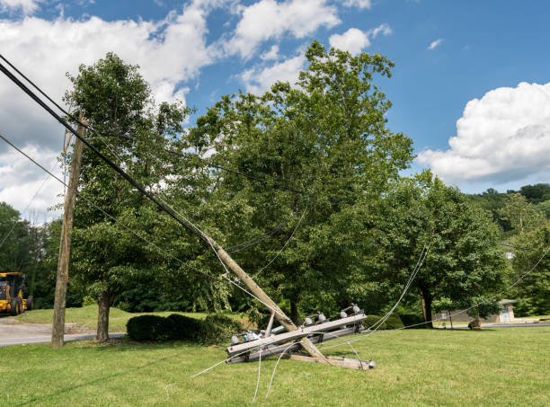 Snapped and downed power post and line after storm