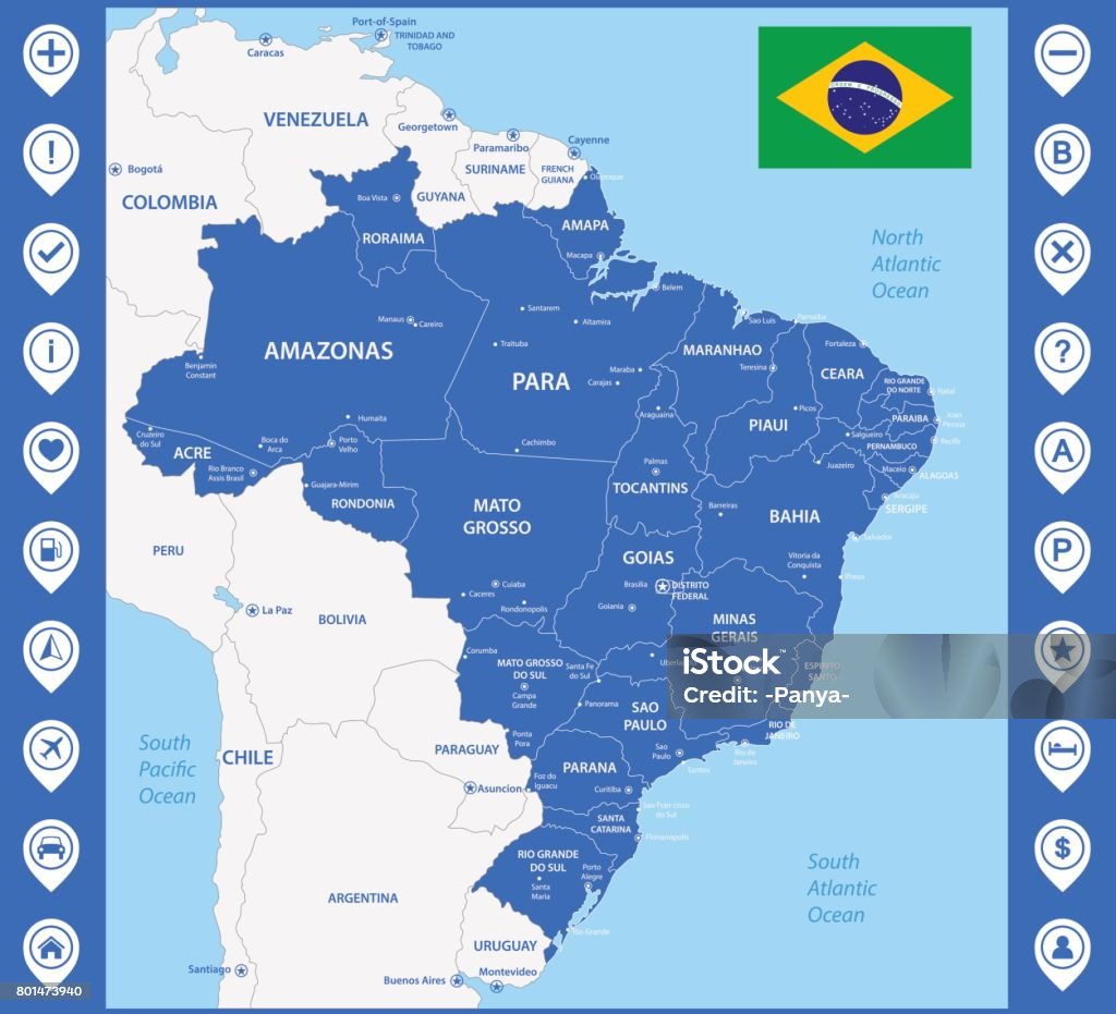 지역 또는 국가 및 도시 수도와 브라질의 상세한 지도 지도 핀 또는 포인터 위치 마커 또는 표시 국가-지리적 지역에 대한 스톡 벡터  아트 및 기타 이미지 - Istock