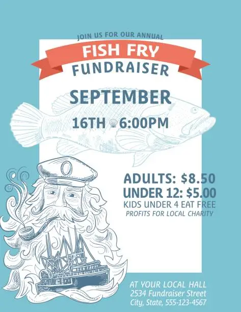 Vector illustration of Hand Drawn Fish Dinner Fundraiser With Nautical Elements