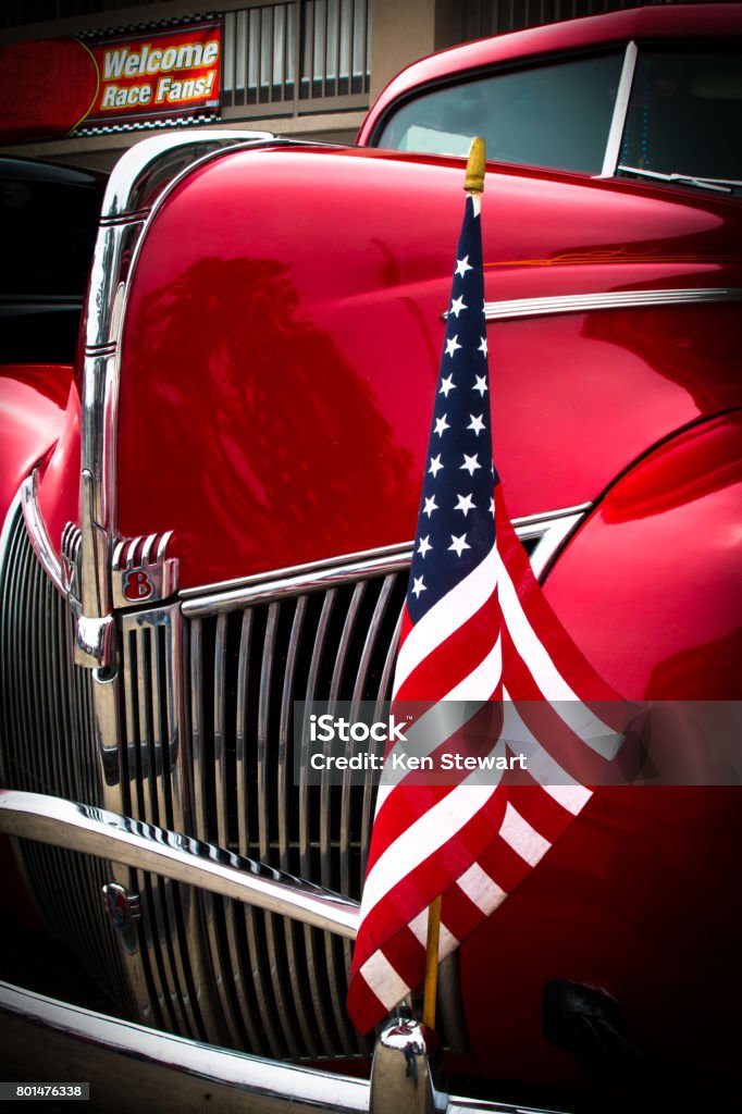 I'm All About the Flag American Flag adorns 30's restored Ford Hot Rod Car Stock Photo