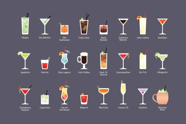 najpopularniejsze koktajle alkoholowe część 1, ikony ustawione w płaskim stylu na ciemnym tle - apple martini stock illustrations