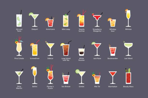 najpopularniejsze koktajle alkoholowe część 2, ikony ustawione w płaskim stylu na ciemnym tle - martini glass martini dirty martini cocktail stock illustrations