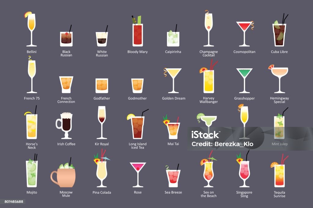Alkoholische Cocktails, IBA offizielle Cocktails zeitgenössische Klassiker. Symbole, die inmitten einer flachen Stil auf dunklem Hintergrund - Lizenzfrei Cocktail Vektorgrafik