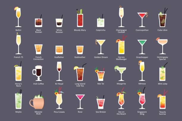 Alcoholic cocktails, IBA official cocktails Contemporary Classics. Icons set in flat style on dark background Alcoholic cocktails, IBA official cocktails Contemporary Classics. Icons set in flat style on dark background. Vector margarita illustrations stock illustrations