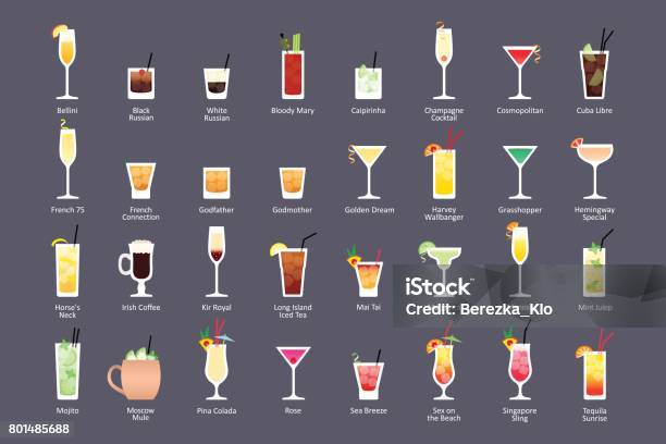 Alcoholic Cocktails Iba Official Cocktails Contemporary Classics Icons Set In Flat Style On Dark Background Stock Illustration - Download Image Now