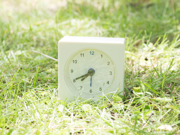 istock White simple clock on lawn yard, 7:40 seven forty o'clock 801556494
