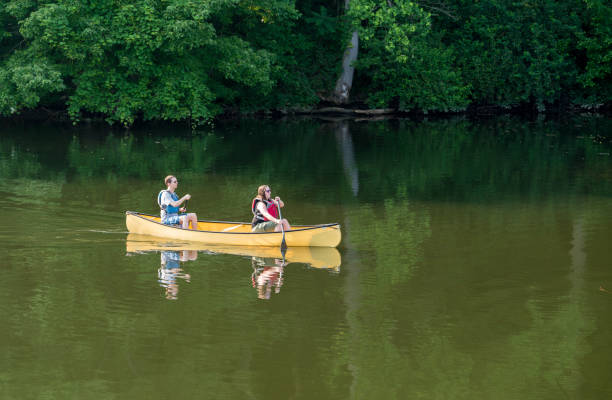 istock Couple paddling in yellow canoe on tree lined lake 801556526