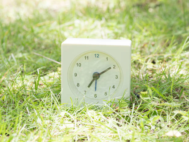 istock White simple clock on lawn yard, 7:10 seven ten o'clock 801558944