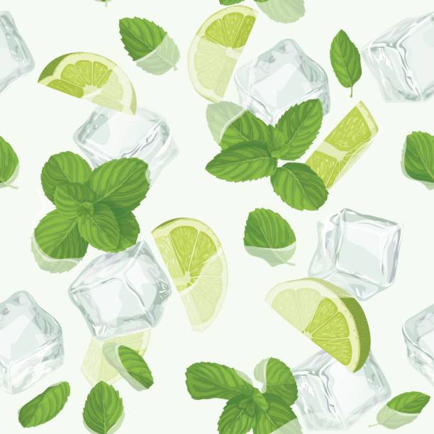 Mojito cocktail seamless pattern Mojito cocktail seamless pattern. Top view lemonade wallpaper. Illustration with mint, ice cube and lime. Fresh summer time print or t-shirt, prints, banner, party invitation or packaging design ice patterns stock illustrations