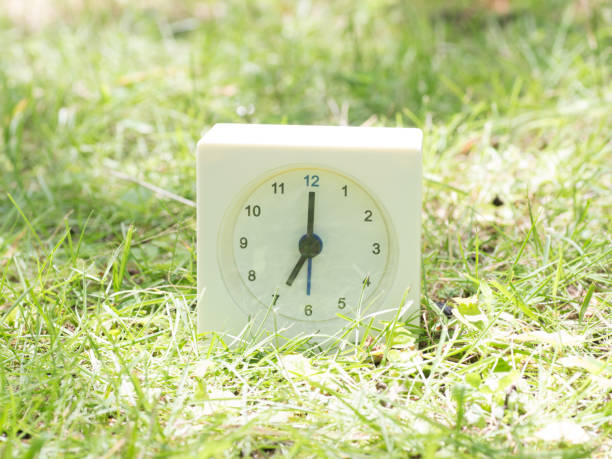 istock White simple clock on lawn yard, 7:00 seven o'clock 801559132