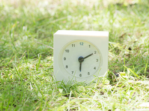 istock White simple clock on lawn yard, 6:10 six ten o'clock 801561902