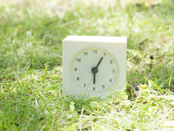 istock White simple clock on lawn yard, 6:05 six five o'clock 801563964