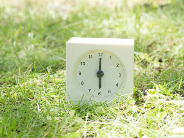 istock White simple clock on lawn yard, 6:00 six o'clock 801564028