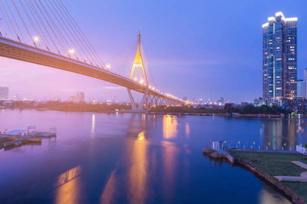 istock Suspension bridge crossing Bangkok river 801564184