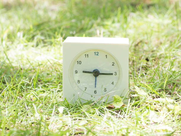 istock White simple clock on lawn yard, 9:15 nine fifteen o'clock 801566604