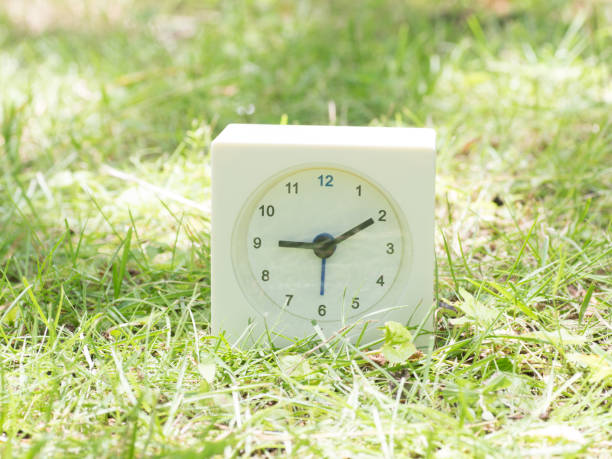 istock White simple clock on lawn yard, 9:10 nine ten o'clock 801566720