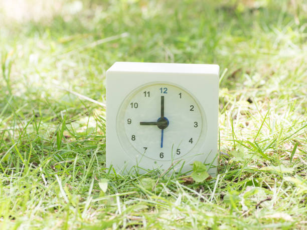 istock White simple clock on lawn yard, 9:00 nine o'clock 801566978