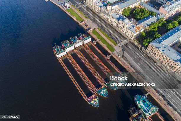Aerial View On Lieutenant Schmidt Embankment Stock Photo - Download Image Now - Aerial View, Architecture, Barge