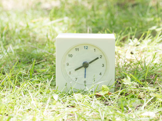 istock White simple clock on lawn yard, 8:10 eight ten o'clock 801571846