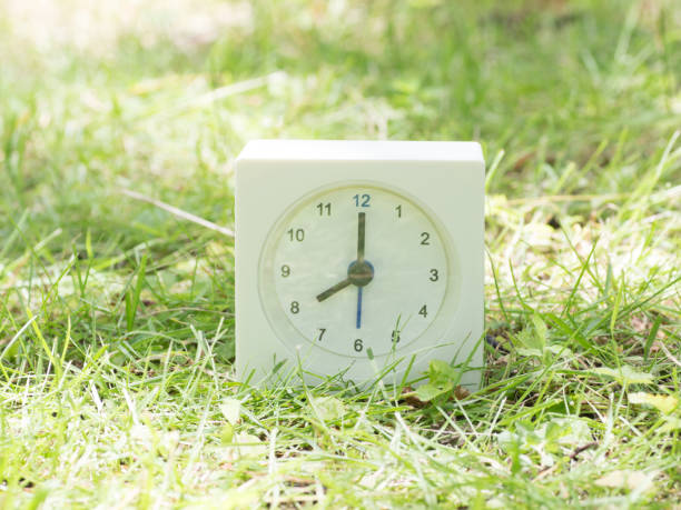 orologio semplice bianco sul cortile del prato, ore 8:00 - ore 12:00 foto e immagini stock