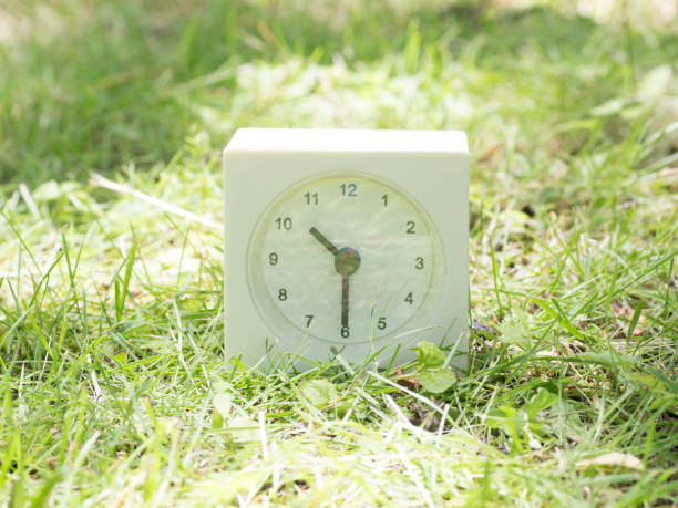 istock White simple clock on lawn yard, 10:30 ten thirty o'clock 801578328