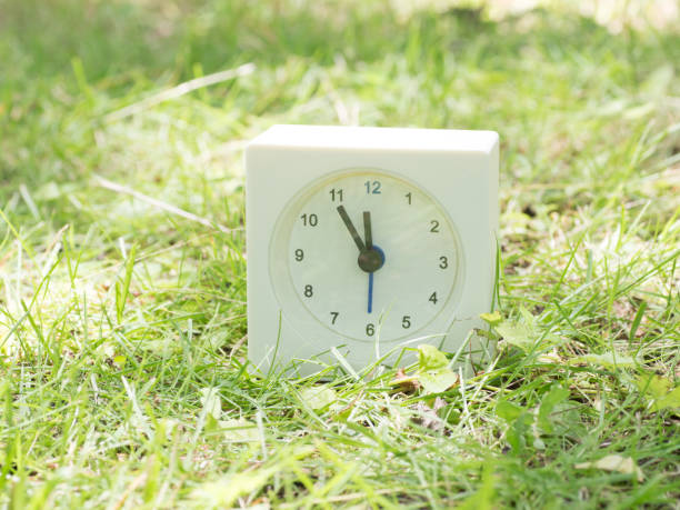 istock White simple clock on lawn yard, 11:55 eleven fifty five o'clock 801585034