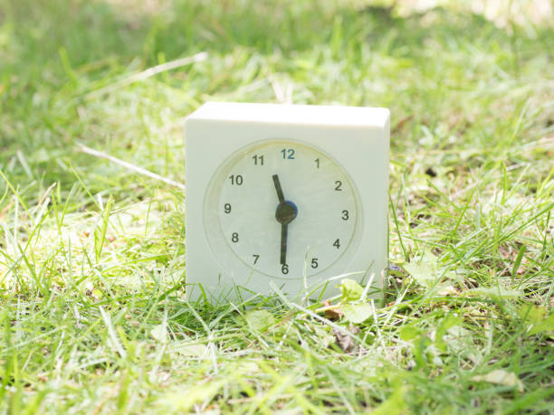 istock White simple clock on lawn yard, 11:30 eleven thirty o'clock 801587770