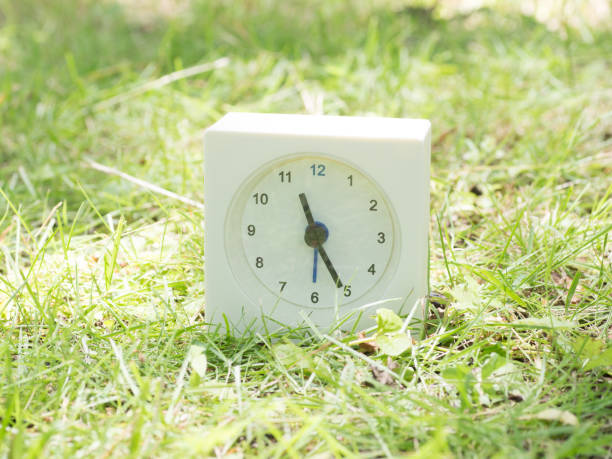 istock White simple clock on lawn yard, 11:25 eleven twenty five o'clock 801587922
