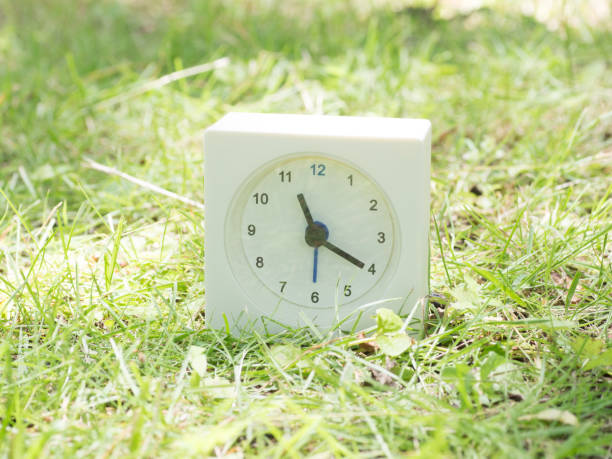 istock White simple clock on lawn yard, 11:20 eleven twenty o'clock 801591596