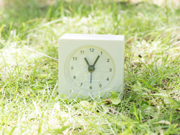 istock White simple clock on lawn yard, 11:05 eleven five o'clock 801592656