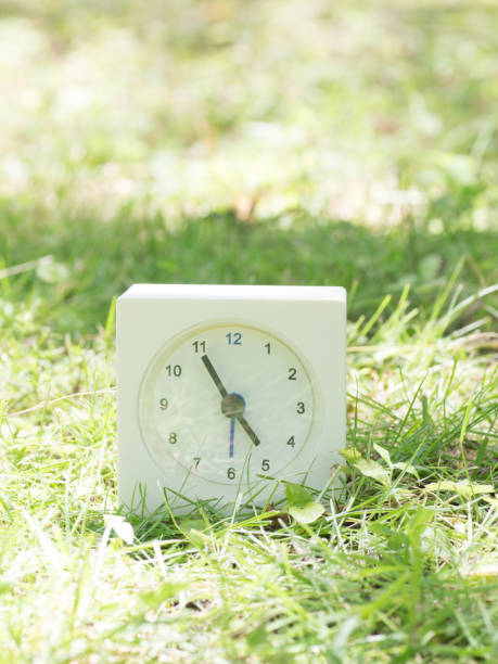 istock White simple clock on lawn yard, 4:55 four fifty five o'clock 801602914