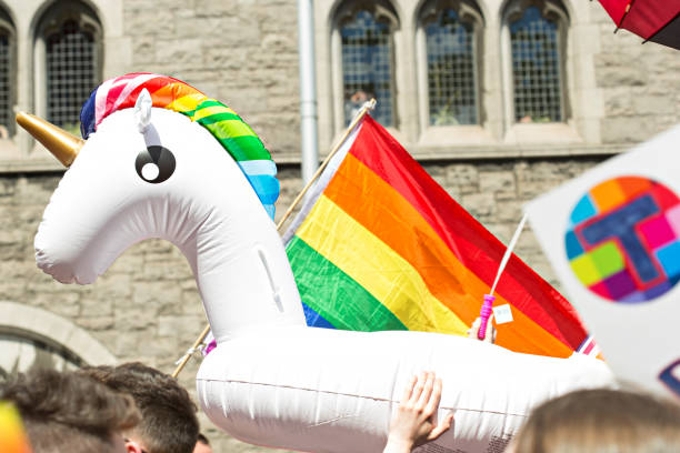 istock Inflatable swimming rainbow unicorn on gay pride 801632572