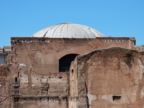 Rome, Lazio, Italy - May 30, 2017: outside of the dome of the octagonal hall of Diocletian Baths, or more commonly Planetarium, seen from Via Pastrengo