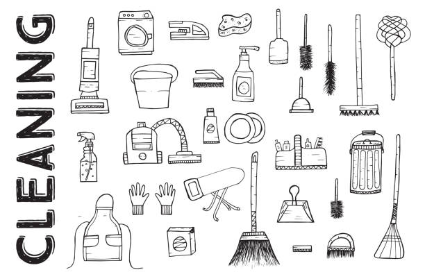 Cleaning Tools. Vector Illustration. Cleaning service. Cleaning Tools. Vector Illustration. Cleaning service. Cleaning supplies Isolated on White Background. Hand Drawn Cleaning products. cleaning drawings stock illustrations