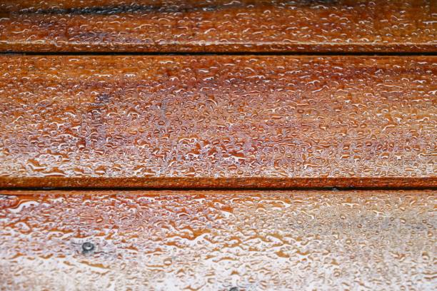 gota de agua en la madera con gotas de lluvia después de una lluvia con espacio de copia. - puddle condensation water drop fotografías e imágenes de stock