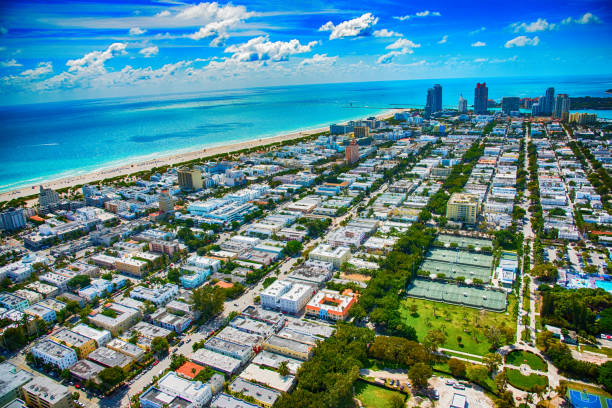 The coastal community of Miami Beach Florida shot from an altitude of about 700 feet during a helicopter photo flight of the area.