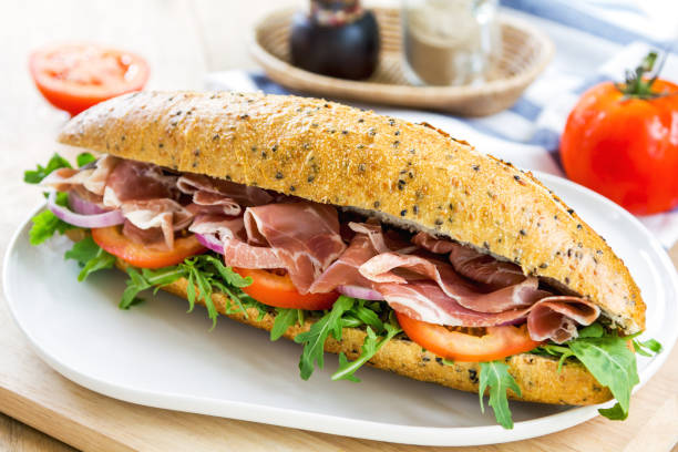 istock Prosciutto with Rocket on wholemeal and sesame baguette 801647682