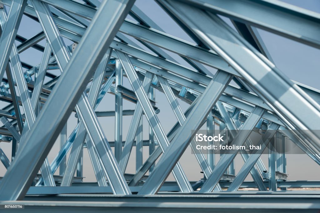 Structure of steel roof frame Structure of steel roof frame for building construction on sky background. Physical Structure Stock Photo