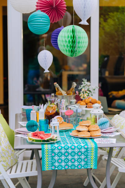 istock Decorated Party Table for Summer Backyard Party Outside 801663514