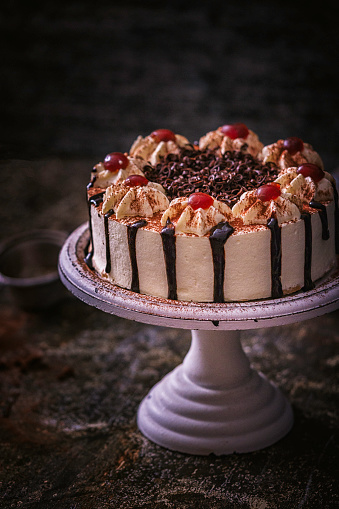 Black Forest Cake with chocolate chip, cherries and whipped cream